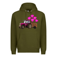 Army Green valentine's day pink tractor with pin heart balloons Premium Hoodie - RanaPortraitStore
