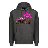Charcoal Heather valentine's day pink tractor with pin heart balloons Premium Hoodie - RanaPortraitStore
