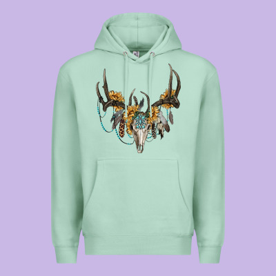 Boho Deer Skull Sunflowers And Gemstone Premium Hoodie Designed By Ranaportraitstore