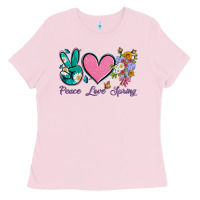 Bubblegum Pink peace love springwith flowers and butterfly Ladies Tee - Artiststas