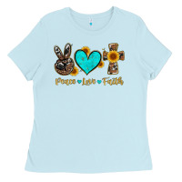 Baby Blue peace love faith with cros and sunflower Ladies Tee - Artiststas