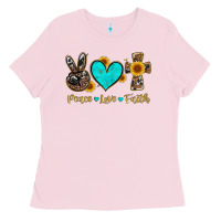 Bubblegum Pink peace love faith with cros and sunflower Ladies Tee - Artiststas