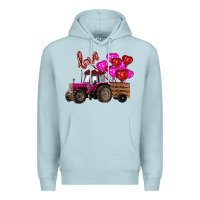 Blue Mist valentine's day pink tractor with pin heart balloons Premium Hoodie - RanaPortraitStore