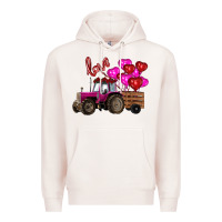 Pale Pink valentine's day pink tractor with pin heart balloons Premium Hoodie - RanaPortraitStore