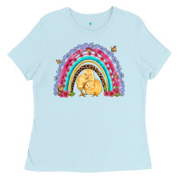 Baby Blue easter flowers and butterfly with chicks rainbow Ladies Tee - Artiststas