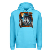 Ocean Blue wolf and feathers Premium Hoodie - RanaPortraitStore