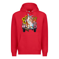 Red easter truck with bunny sunflowers and eggs Premium Hoodie - RanaPortraitStore