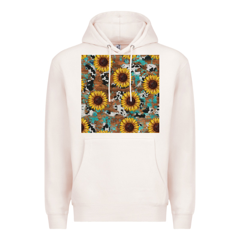 Western Sunflowers Turquoise Cowhide Seamless Background Premium Hoodie by RanaPortraitStore | Teevron