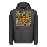 Charcoal Heather western sunflowers turquoise cowhide seamless background Premium Hoodie - RanaPortraitStore