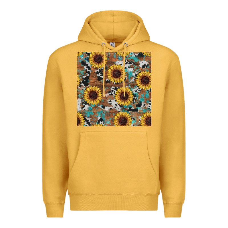 Western Sunflowers Turquoise Cowhide Seamless Background Premium Hoodie by RanaPortraitStore | Teevron