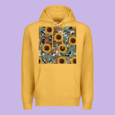 Western Sunflowers Turquoise Cowhide Seamless Background Premium Hoodie Designed By Ranaportraitstore