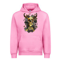 Fuchsia Pink Bull Human Skull With Gold Roses Urban Hoodie - RanaPortraitStore