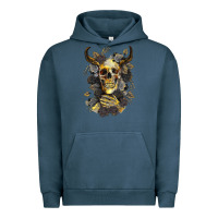 Pigment Midnight Navy Bull Human Skull With Gold Roses Urban Hoodie - RanaPortraitStore