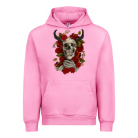 Fuchsia Pink Bull Human Skull With Roses Urban Hoodie - RanaPortraitStore