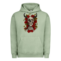 Pigment Oil Green Bull Human Skull With Roses Urban Hoodie - RanaPortraitStore