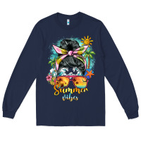 Navy summer vibes messy bun Long Sleeve Tee - BarkalooDesign