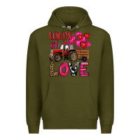 Army Green valentine's day loads of love tractor with pin heart balloons Premium Hoodie - RanaPortraitStore