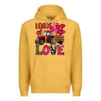 Mustard valentine's day loads of love tractor with pin heart balloons Premium Hoodie - RanaPortraitStore
