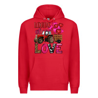 Red valentine's day loads of love tractor with pin heart balloons Premium Hoodie - RanaPortraitStore