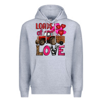 Heather Grey valentine's day loads of love tractor with pin heart balloons Premium Hoodie - RanaPortraitStore