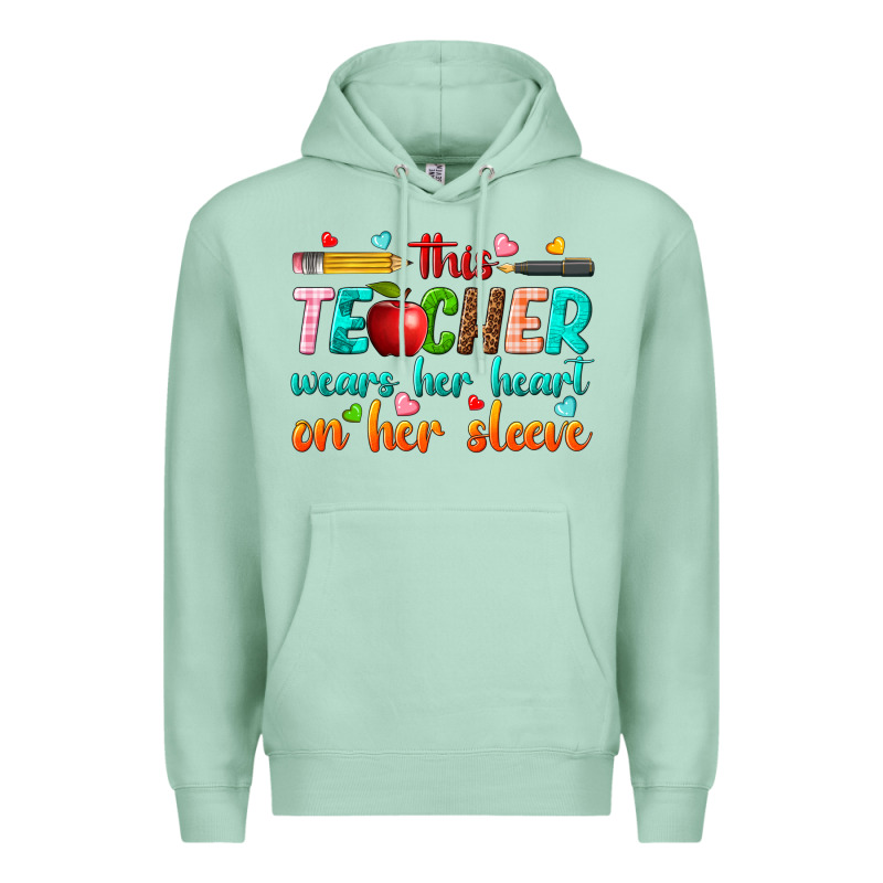 This Teacher Wears Her Heart On Her Sleeve Premium Hoodie by texasbilliewilder | Teevron