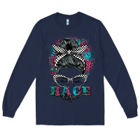 Navy race life  messy bun Long Sleeve Tee - BarkalooDesign