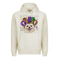 Oatmeal Heather mardi gras hat white pomeranian Premium Hoodie - RanaPortraitStore