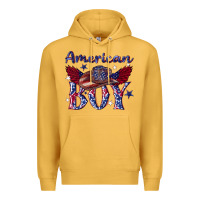 Mustard American boy with cowboy Premium Hoodie - texasbilliewilder