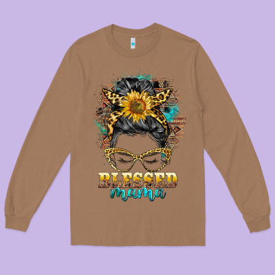 Blessed Mama Messy Bun Long Sleeve Tee Designed By Barkaloodesign