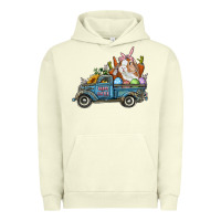 Pigment Pistachio Happy Easter Truck with Bunny Eggs And Carrot Urban Hoodie - RanaPortraitStore