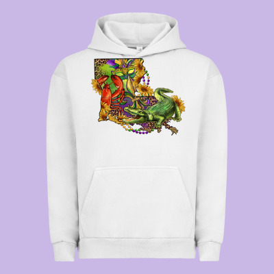 Urban Hoodie Louisiana Map With Mardi Gras Crocodile