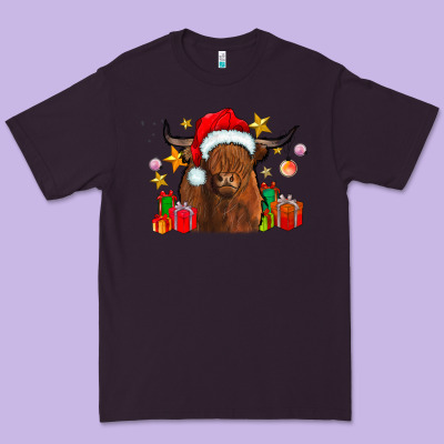 Festive Highland Cow Premium Tee Designed By Cowhidedigitalart