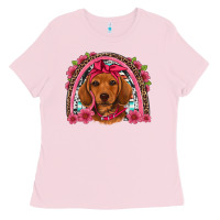 Bubblegum Pink dachshund puppy floral rainbow Ladies Tee - Artiststas
