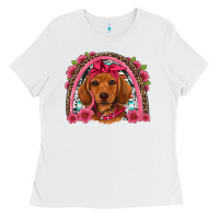 White dachshund puppy floral rainbow Ladies Tee - Artiststas