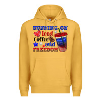 Mustard running on iced coffe and freedom Premium Hoodie - texasbilliewilder