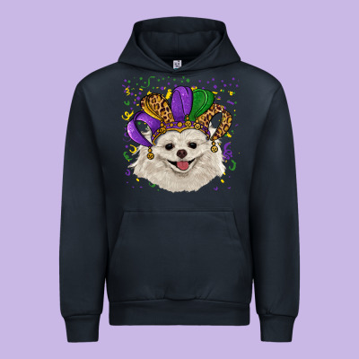 Urban Hoodie Mardi Gras White Pomeranian with Hat
