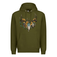 Army Green Boho Deer Skull Sunflowers And Gemstone Premium Hoodie - RanaPortraitStore