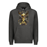 Charcoal Heather Bull Human Skull With Gold Roses Premium Hoodie - RanaPortraitStore