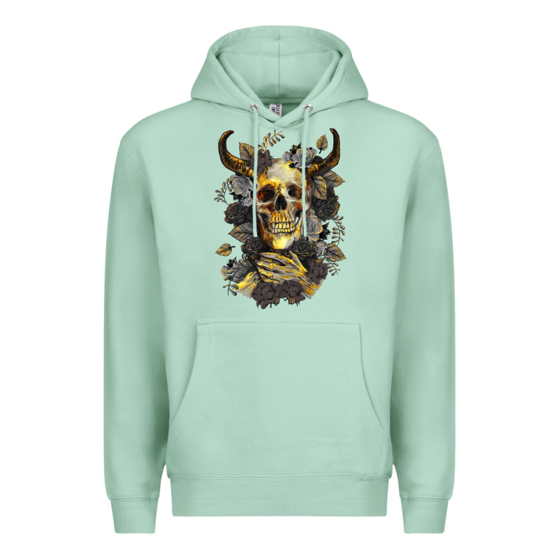 Bull Human Skull With Gold Roses Premium Hoodie by RanaPortraitStore | Teevron