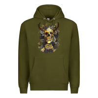 Army Green Bull Human Skull With Gold Roses Premium Hoodie - RanaPortraitStore