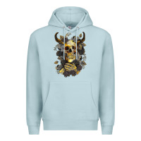 Blue Mist Bull Human Skull With Gold Roses Premium Hoodie - RanaPortraitStore