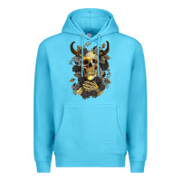 Ocean Blue Bull Human Skull With Gold Roses Premium Hoodie - RanaPortraitStore