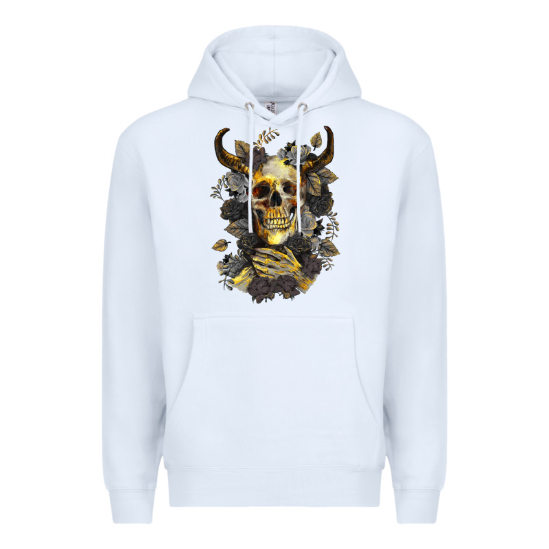 Bull Human Skull With Gold Roses Premium Hoodie by RanaPortraitStore | Teevron