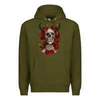 Army Green Bull Human Skull With Roses Premium Hoodie - RanaPortraitStore
