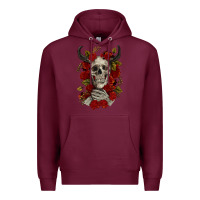 Burgundy Bull Human Skull With Roses Premium Hoodie - RanaPortraitStore