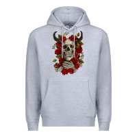 Heather Grey Bull Human Skull With Roses Premium Hoodie - RanaPortraitStore