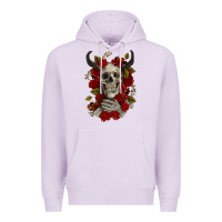 Lilac Bull Human Skull With Roses Premium Hoodie - RanaPortraitStore