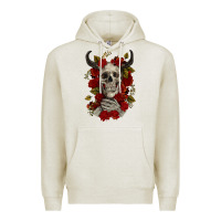 Oatmeal Heather Bull Human Skull With Roses Premium Hoodie - RanaPortraitStore