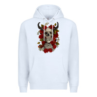 White Bull Human Skull With Roses Premium Hoodie - RanaPortraitStore