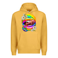 Mustard rainbow lips with daisies Premium Hoodie - texasbilliewilder